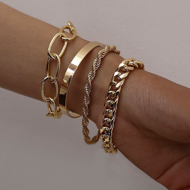  4 pièces Ensemble de bracelet Femme Lien / Chaîne Cercle de torsion mode Européen Roche Bracelet Bijoux Argent Doré pour Plein Air du quotidien