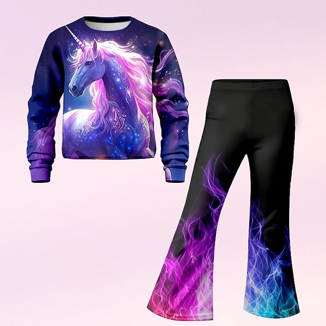  Girls' 3D Unicorn Set Sweatshirt & Bell bottom Long Sleeve 3D Print Fall Winter Active Fashion Daily Polyester Kids 3-12 Years Crew Neck Outdoor Date Vacation Regular Fit
