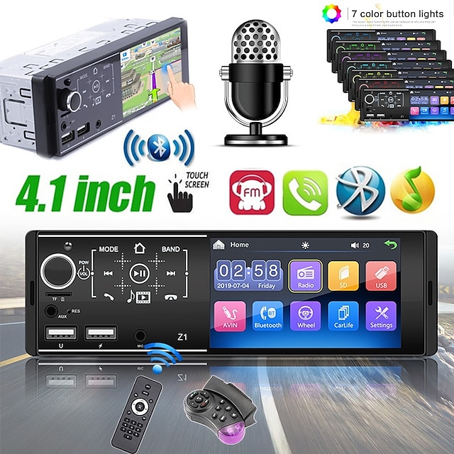  Lecteur MP5 de voiture de 4,1 pouces, écran tactile capacitif HD 1din, support audioradio stéréo sans fil, télécommande SWC/port de chargement de téléphone/appel mains libres/lien miroir/carte