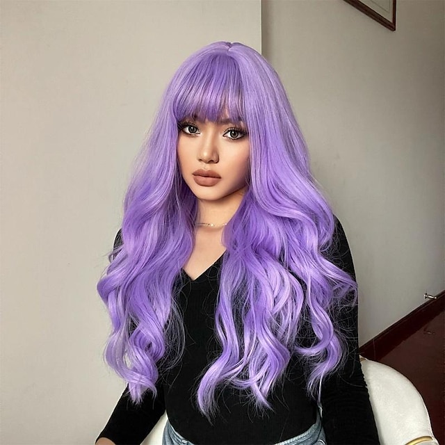  Perruques synthétiques body wave violettes avec frange pour femmes, cheveux longs bouclés pour cosplay filles et femmes, perruque de fête ou d'usage quotidien
