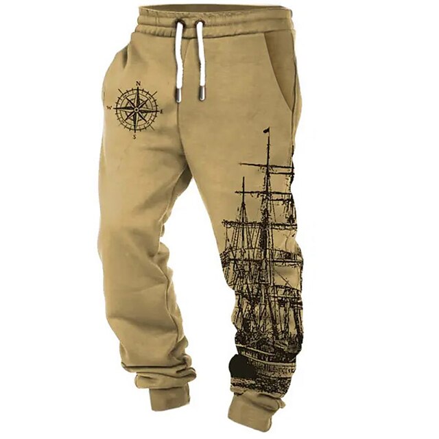 Sailboat Vintage Men's 3D Print Sweatpants Joggers Pants Trousers Outdoor Street Casual Daily Polyester Khaki Gray S M L Mid Waist Elasticity Pants3