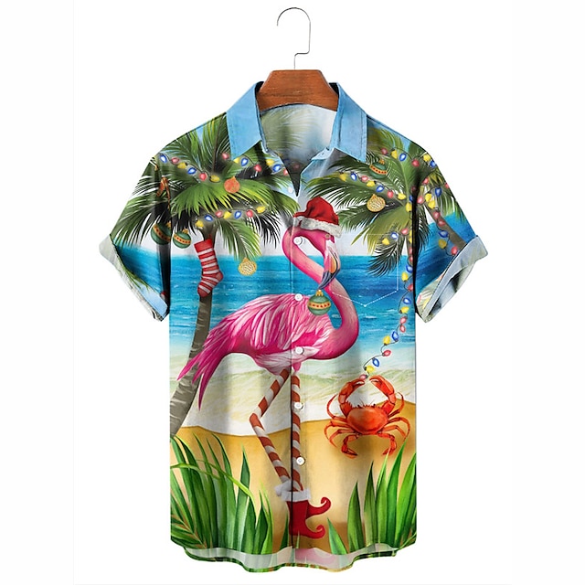  Flamingo Casual Voor heren Overhemd Buiten Kerstmis Straat Herfst Strijkijzer Korte mouw Blauw S M L Overhemd
