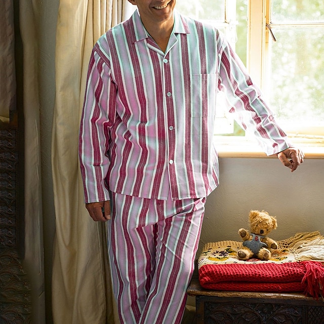  Herr Vardagsklädsel Sovkläder Pyjamas set Pyjamastopp och byxa 2 delar Rand Stylish Ledigt Komfort Hem Dagligen Bomullsblandning Komfort Kavajslag Långärmad Skjorta Byxa Snörning Elastisk midja