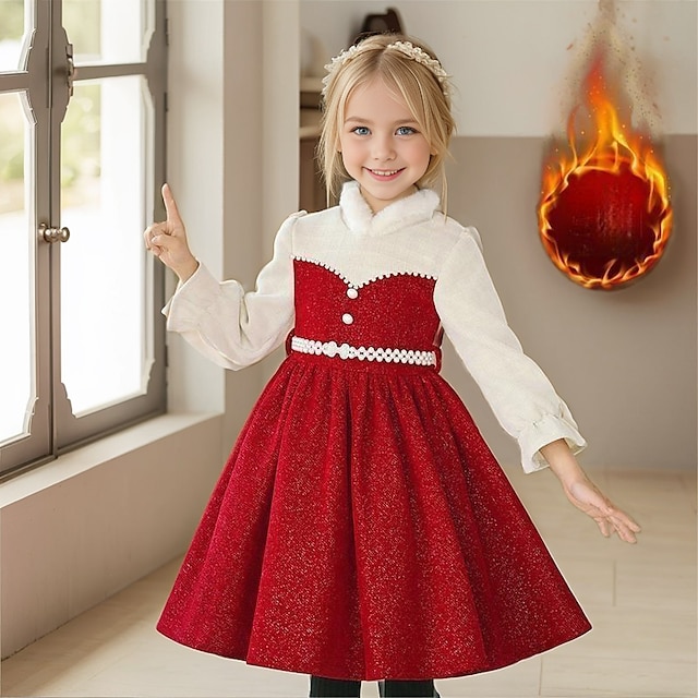  Kids Girls' Dress Solid Color Long Sleeve School Wedding Ruched Princess Beautiful Polyester Knee-length White Dress Flower Girl's Dress Spring Fall Winter 3-12 Years Red