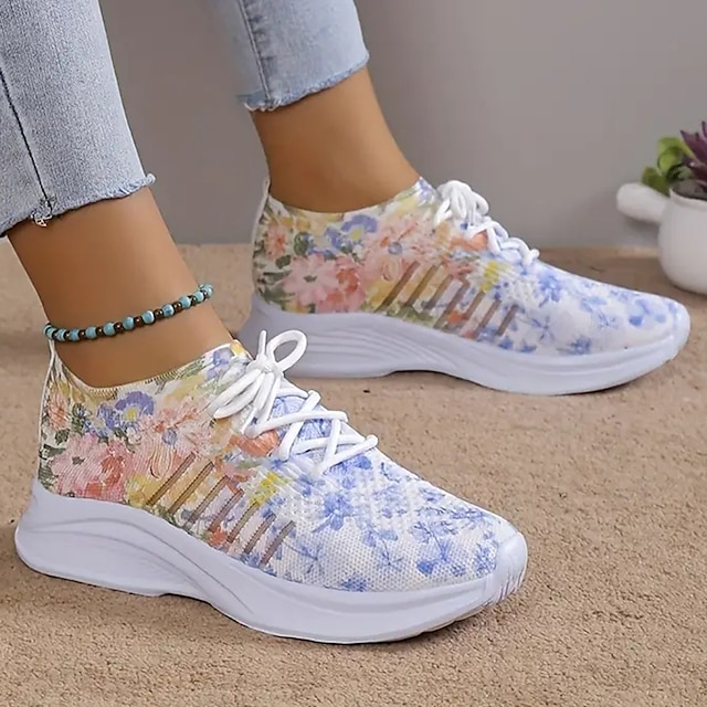  Women's Sneakers Print Shoes Plus Size Flyknit Shoes Outdoor Daily Floral Cut-out Flat Heel Sporty Casual Comfort Running Walking Tissage Volant Colorful