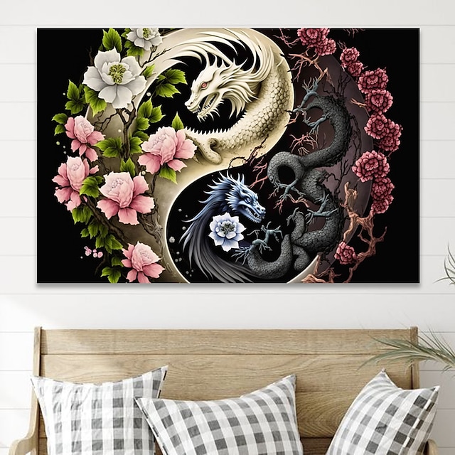  Arte de pared de animales, lienzo, yin y yang, dos dragones, impresiones y carteles, imágenes abstractas, pintura decorativa de tela para sala de estar, imágenes sin marco