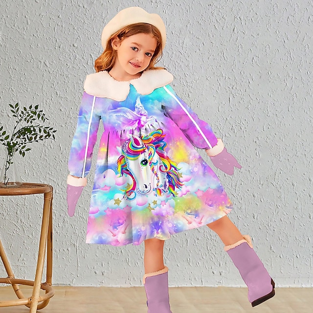  Girls' 3D Unicorn Dress&Gloves Pink Long Sleeve 3D Print Fall Winter Sports & Outdoor Daily Holiday Cute Casual Beautiful Kids 3-12 Years Casual Dress Swing Dress A Line Dress Above Knee