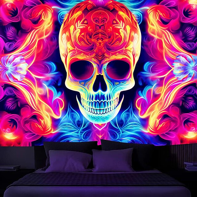 Halloween Skull Blacklight Tapestry UV Reactive Glow in the Dark Trippy Misty Hanging Tapestry Wall Art Mural for Living Room Bedroom 8