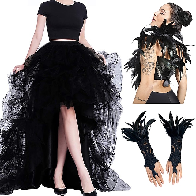  set med tyll tutu kjol fjäder cape spetshandskar 3 st hög midja dam hög midja hög låg lager tyll golvlängd kjol fjäder sjalar outfits elak kostym punk gothic halloween fest karneval