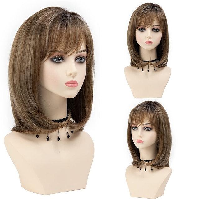  Short Ombre Blonde Bob Layered Wigs for White Women Blonde Mixed White Highlight Synthetic Straight Hair Wig with Bangs Medium Length Wigs for Women Daily Party Wig