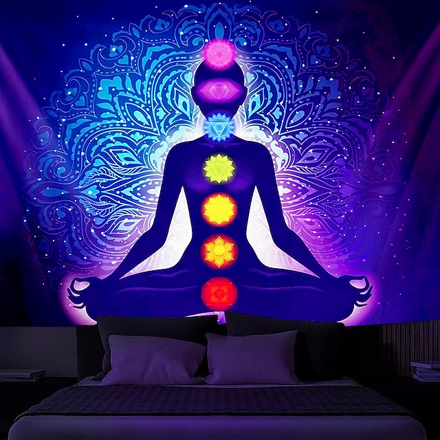  Blacklight Tapestry UV Reactive Glow in the Dark Glow Party Neon Bohemian Meditation Psychedelic Buddha Chakra Trippy Misty Hanging Tapestry Wall Art Mural for Living Room Bedroom