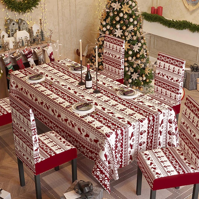  Christmas Tablecloth Chair Cover Set , Wrinkle and Water Resistant Holiday Table Cloth Table Cover for Rectangle Tables,Spandex Stretch Dining Chair Slipcover for Decoration