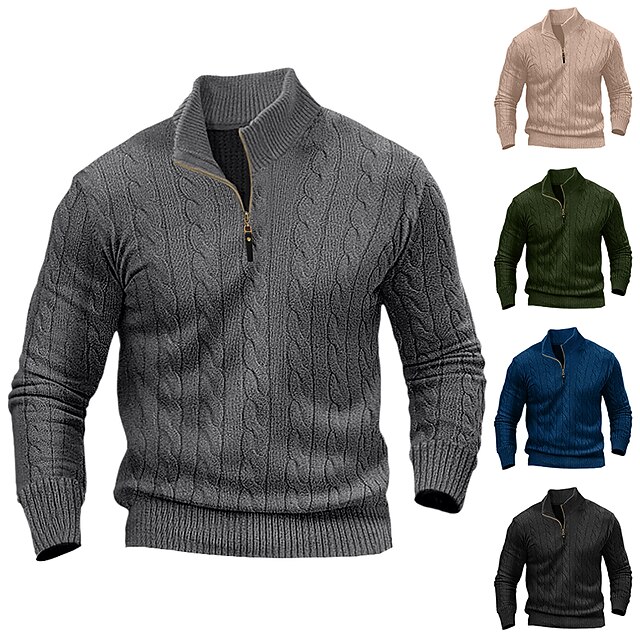 Men's Pullover Sweater Jumper Knit Sweater Quarter Zip Pullover Sweater Ribbed Cable Knit Regular Tops Knitted Plain Quarter Zip Keep Warm Modern Contemporary Casual Daily Wear Clothing Apparel Fall 14