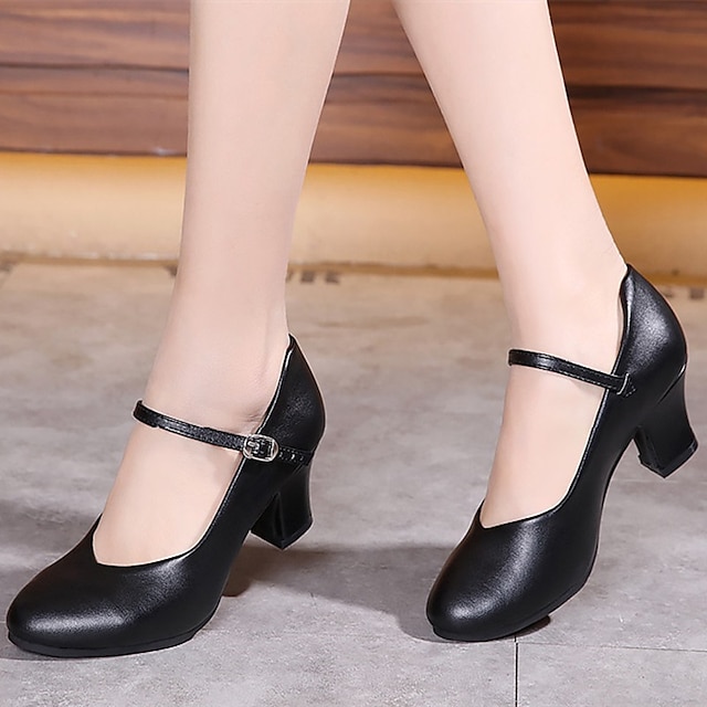  Women's Modern Shoes Party Evening Prom Practice Comfort Shoes Heel Solid Color Thick Heel Round Toe Buckle Adults' Black