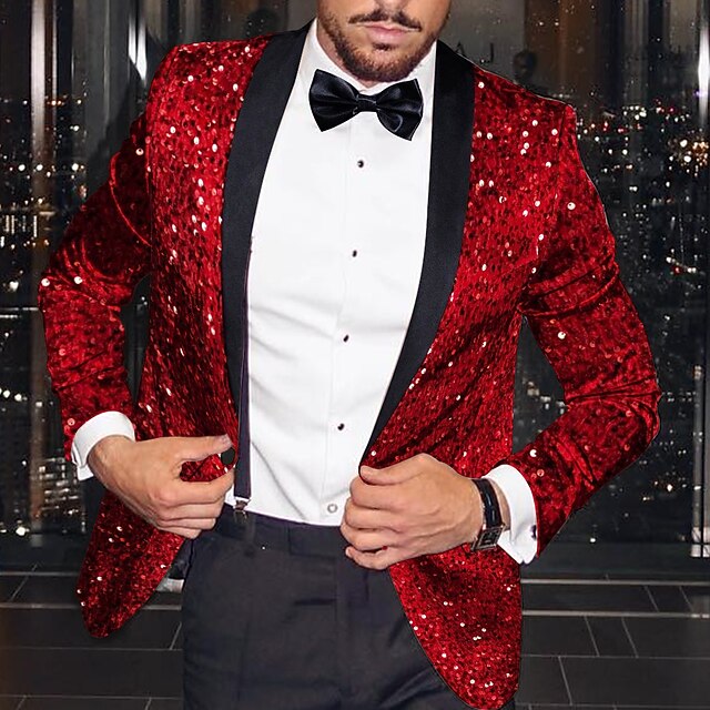 Men's Blazer Jacket Tuxedo Notch Collar Fashion Disco Sequin Pattern Red Plus Size Single Breasted One-button3
