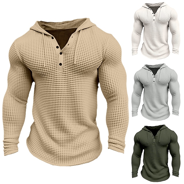 Men's Waffle Shirt T Shirt Tee Top Long Sleeve Shirt Long Sleeve Hooded Spring & Fall Plain Fashion Designer Basic Vacation Street Going out White khaki Army Green Top Tee for Men 7