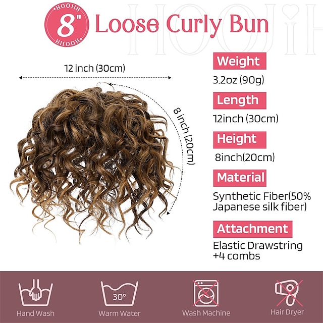  Messy Bun Hair Piece Elastic Drawstring 8 Loose Curls Bun Hair Extensions Hair Topper Synthetic Hair Bun Hairpiece for Women Short Curly Ponytail - Chocolate Brown with Golden Highlights