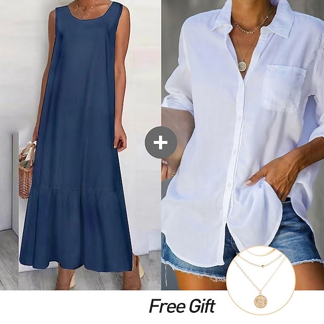  Casual Set — Spring Women 's Dress & Shirt Set wirh Necklace Shirt Blouse Cotton and Casual Dress Cotton Linen Summer Vacation