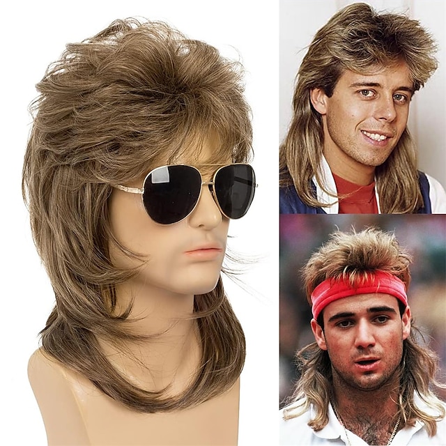  Mullet Wig for Men 80s Funny Hair Wig for Male Rocker Halloween Party Disco Fun Costume Light Brown