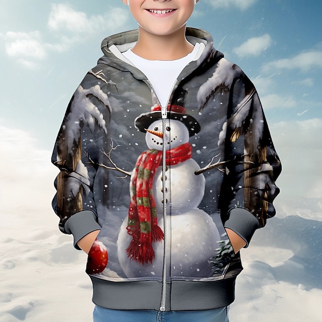  αγόρια 3d χιονάνθρωπος παλτό με κουκούλα πανωφόρι με μακριά μανίκια 3d print φθινοπωρινά χειμερινά ρούχα streetwear δροσερό πολυεστερικό παιδικό 3-12 ετών με φερμουάρ κουκούλα σε εξωτερικό χώρο casual