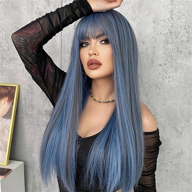  peluca recta larga azul ceniza con flequillo, peluca sintética de calor natural, peluca de despedida de soltera para mujeres, peluca de fiesta cosplay, peluca para mujeres