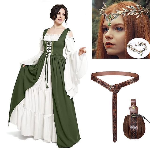  Set mit Chemise-Überkleid, Blatt-Strass-Stirnband, Wikinger-PU-Taillengürteltasche, 5-teilig, mittelalterliches Renaissance-irisches Kleid, Retro-Vintage-Outfits, Damen-Übergröße, Larp-Party,