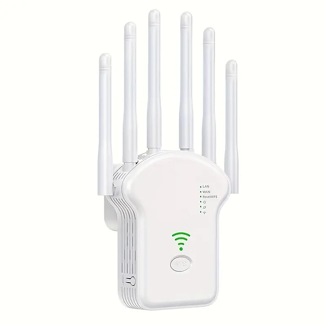  wifi-forlenger wifi-forsterker 6 ganger sterkere 300mbps wifi 2,485ghz dualband sterk wifi-signalpenetrering 35 enheter 4 moduser 1-tapps innstillinger 6 antenner 360 fulldekning støtte ethernet-port