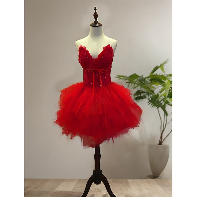  Mulheres Princesa bailarina dançarina Espetáculo Dançando Vestidos Tutu em camadas Vestido Estilo bonito Festa Tule Pena vermelho fosco Vestido
