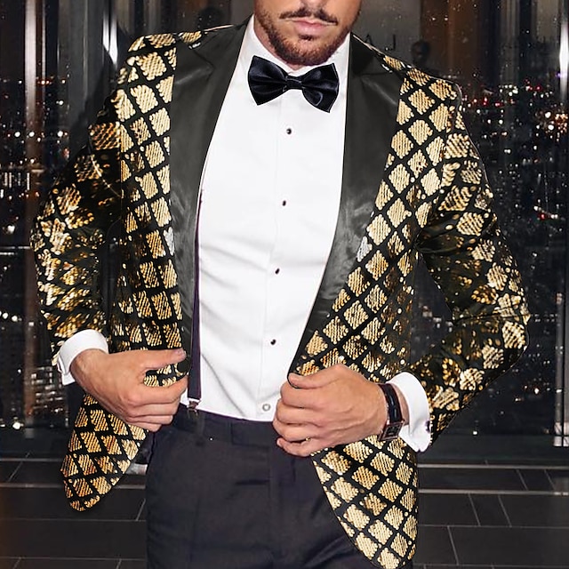  男性用 ブレザージャケット タキシード ファッション ディスコ スパンコール 幾何学模様 Blazer 黒金 Sliver プラスサイズ シングルブレスト 一つボタン