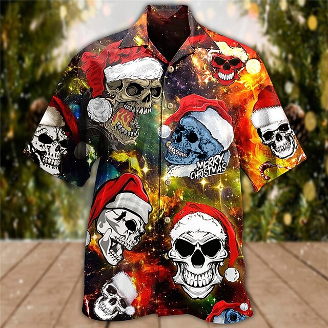 Christmas Men's Funny Christmas Printed Shirts Skull Tree Casual Outdoor Street Fall Turndown Short Sleeve Red S M L Shirt3