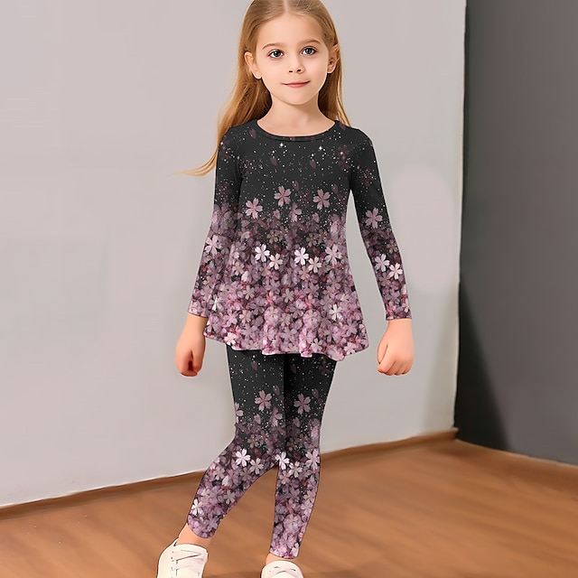  Girls' 3D Floral T-shirt & legging Ruffle Dress Set Long Sleeve 3D Print Fall Winter Active Fashion Daily Polyester Kids 3-12 Years Outdoor Date Vacation Regular Fit
