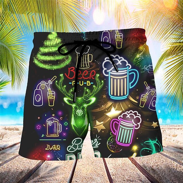 Men's Swim Trunks Swim Shorts Board Shorts Drawstring with Mesh lining Elastic Waist Beer Deer Quick Dry Short Christmas Holiday Beach Hawaiian Casual Black Micro-elastic2