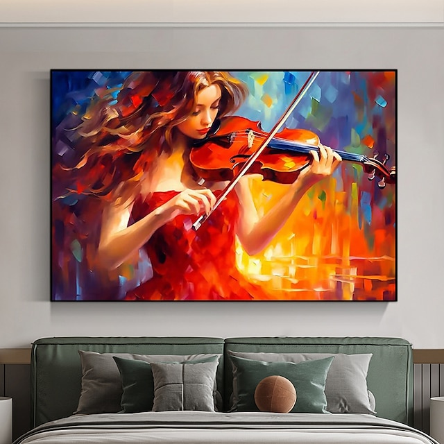  כנרת ילדה קנבס ציור כלי נגינה מצויר ביד על בד אישה מנגנת בכינור ילדה בד בשמלה אדומה אמנות קיר לבית מתנות ללא מסגרת