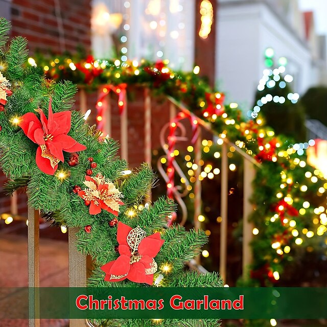  1 stk, kunstig juleguirlande, 20 leds grøn rattan med røde blomsterdekorationer til hjemmetrapper pejs verandadør display indendørs udendørs juleindretning