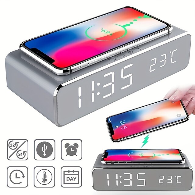 Wireless Charger Time Alarm Clock LED Digital Thermometer Earphone Phone Chargers Fast Charging Dock Station For IPhone 15 14 13 12 Samsung2