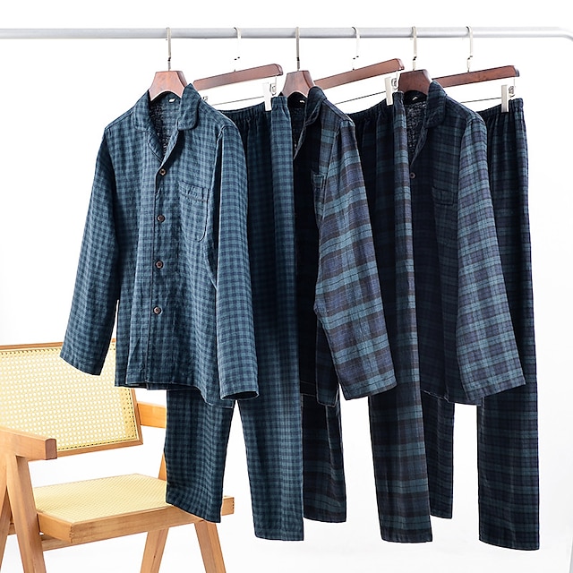  lin hjemmedress langermet lange bukser pyjamassett for par vasket lin hjemmepyjamas i samme stil for menn og kvinner