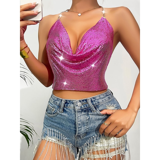  Metallic Backless Sparkle Sexy Halter Camisole Body Chain Crop Tank Top Disco Women's Party Club Pride Parade Tank Top