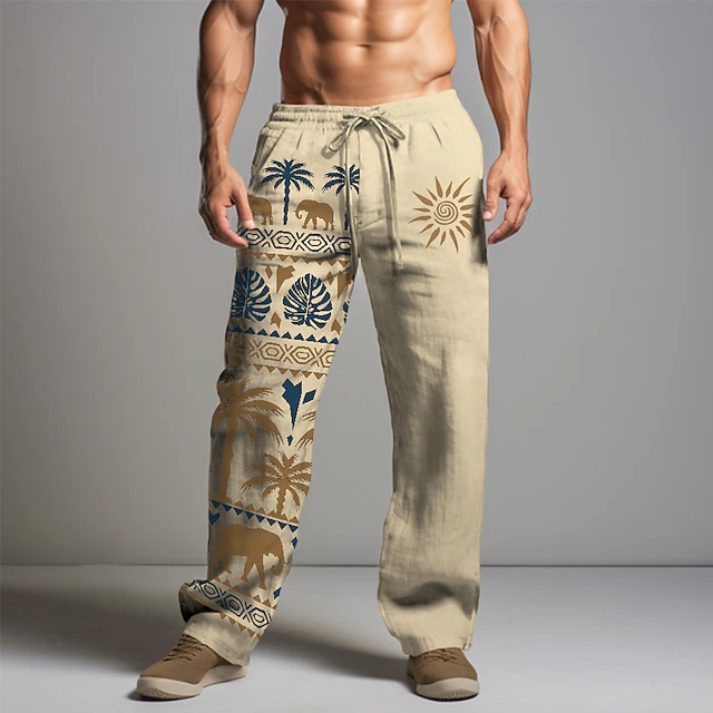 Men's Graphic Animal Tribal Linen Pants Pants Trousers Baggy Pants Mid Waist Vintage Casual Vacation Daily Wear Going out Spring Fall Black White khaki 6
