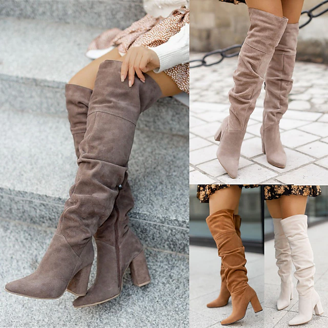 Women's Over-the-Knee Slouchy Boots with Block Heel, Stylish Suede Design Available in Multiple Colors for Fall and Winter Outfits 10