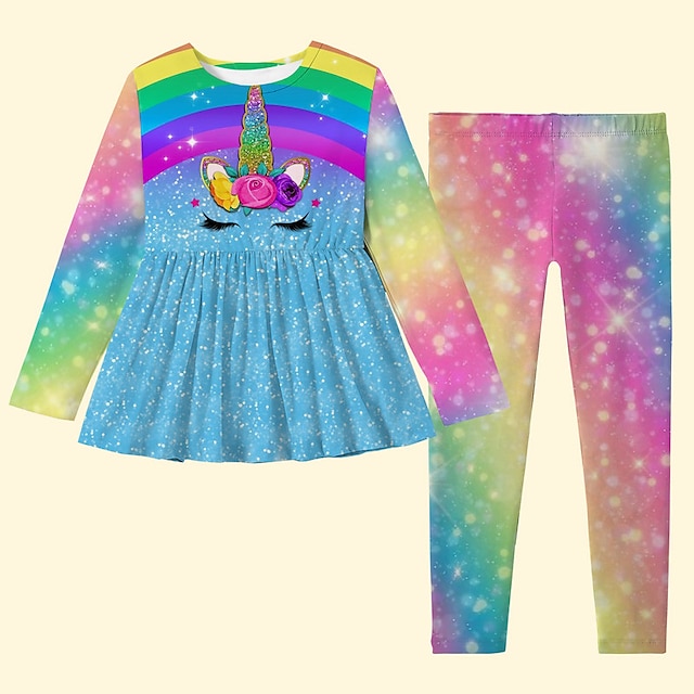  футболка для девочек с 3d единорогом и радугой & леггинсы с рюшами, комплект платья с длинными рукавами и 3D принтом, осень-зима, модный, на каждый день, из полиэстера, для детей 3–12 лет, для отдыха