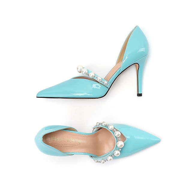 Women's Patent Leather Mirror Finish With Pearl Closed Toe Stiletto Heel Evening Shoes