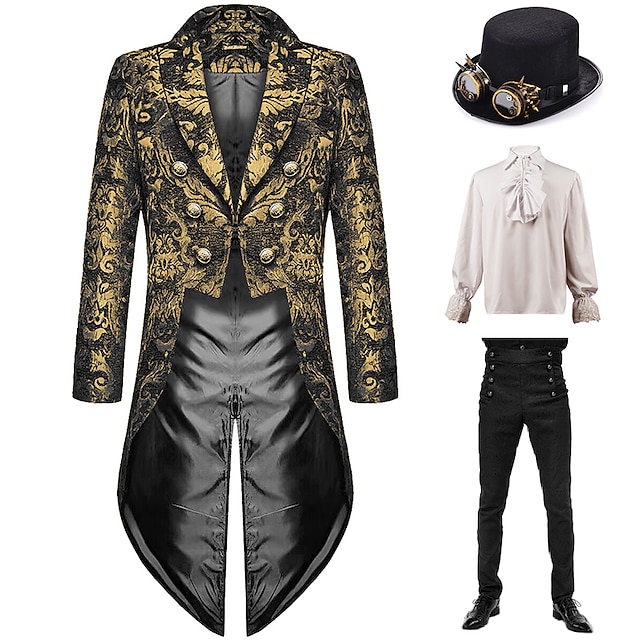  Set with Steampunk Tailcoat High Waisted Pants Top Hat with Goggles Retro Vintage Medieval Coat Jacket Outerwear Straight Leg Trousers Vampire Outfits Men's Cosplay Costume Masquerade Party Evening