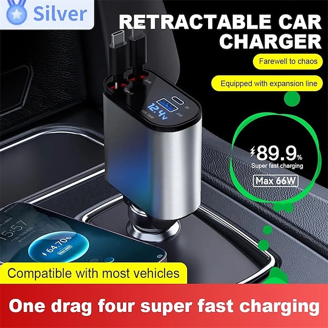  Starfire Metal Retractable Car Charger Super Fast Charging 100w Car Cigarette Lighter Usb Port Adapter Car Charger With Cable