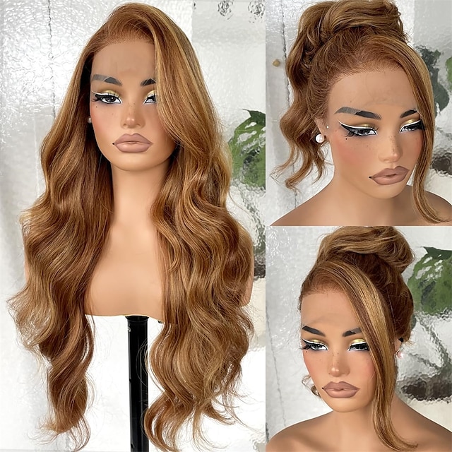  13x6 HD  Lace Frontal Wigs Pre-Plucked 200 Density Honey Blonde Sunkissed Highlights Synthetic Long Body Wave Lace Front Wig Ready to Wear 26inch #4/27 Sunkissed Highlights