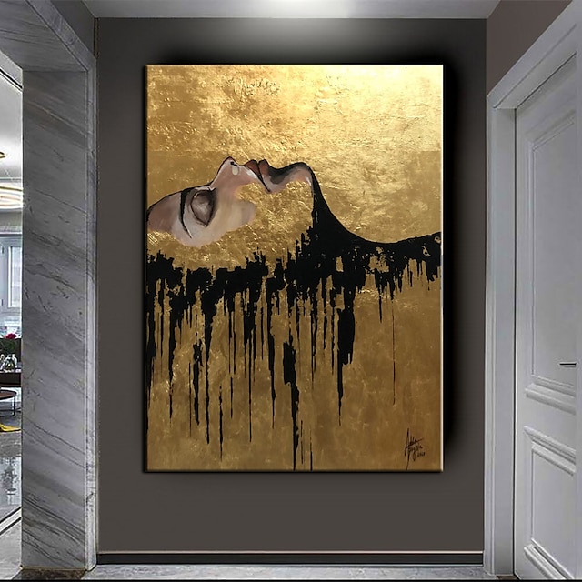  stort håndmalt svart og gull maleri akrylfolie maleri på lerret veggkunst abstrakt kunst abstrakt maleri gull firgure maleri svart maleri hjemmedekorasjon dekor klar til å henge eller lerret