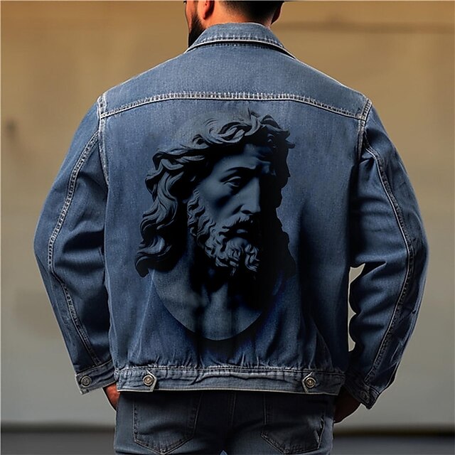 Men's Sculpture Coat Jean Jacket Denim Jacket Comfortable Breathable Casual Sports & Outdoor Going out Weekend Buttons Print Fall & Winter Turndown Long Sleeve Black Blue3