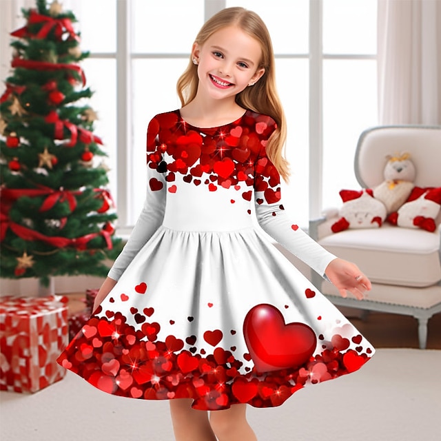  Girls' 3D Heart Dress Long Sleeve 3D Print Fall Winter Sports & Outdoor Daily Holiday Cute Casual Beautiful Kids 3-12 Years Casual Dress A Line Dress Above Knee Polyester Regular Fit