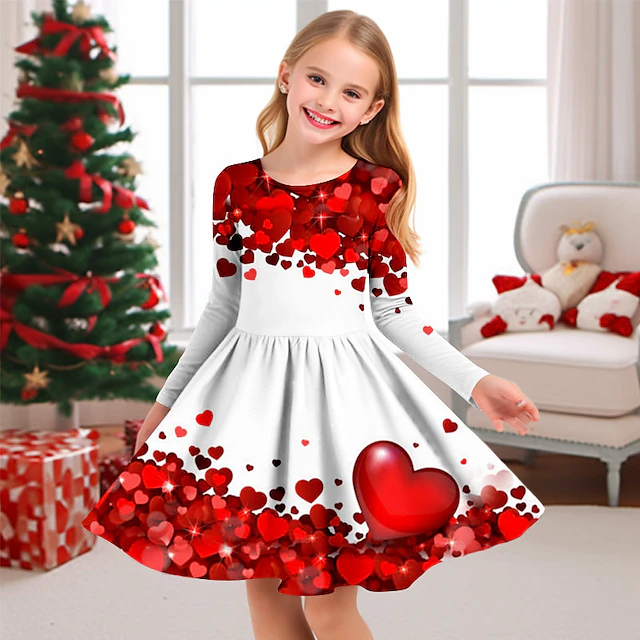Valentines Girls' 3D Heart Dress Long Sleeve 3D Print Fall Winter Vacation Sports & Outdoor Daily Cute Casual Beautiful Kids 3-12 Years Casual Dress A Line Dress Above Knee Regular Fit 6
