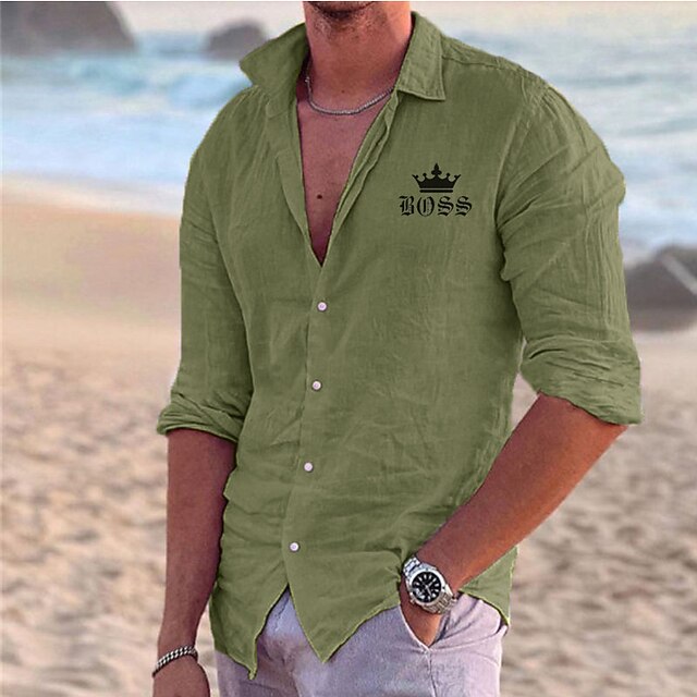 Men's Shirt Linen Shirt Beach Shirt Tiaras & Crowns Outdoor Vacation Black White Pink Blue Long Sleeve Lapel Spring &  Fall Clothing Apparel Print4