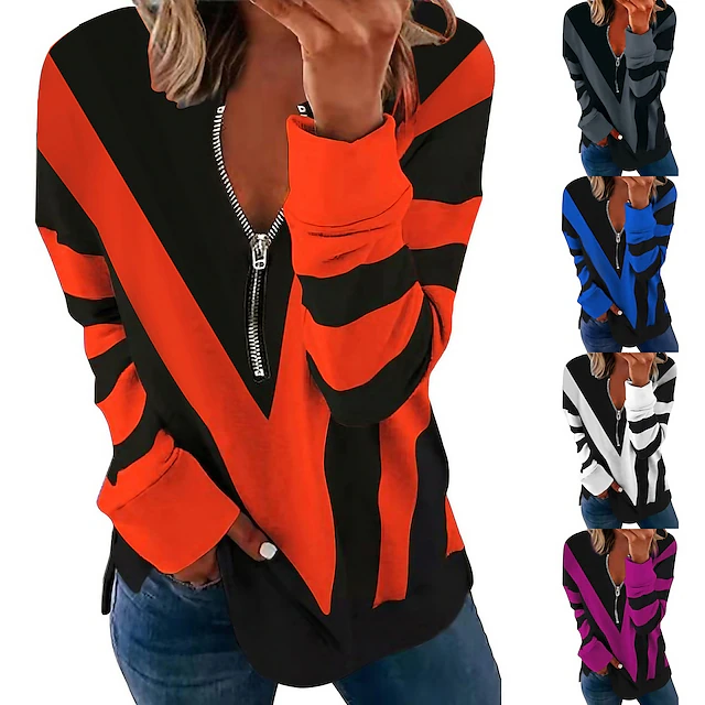 Women's Quarter Zipper Sweater Pullover Color Block Abstract Casual Basic V Neck Long Sleeve Spring & Fall Fall & Winter Comfrt Breathable Soft Fabric 7